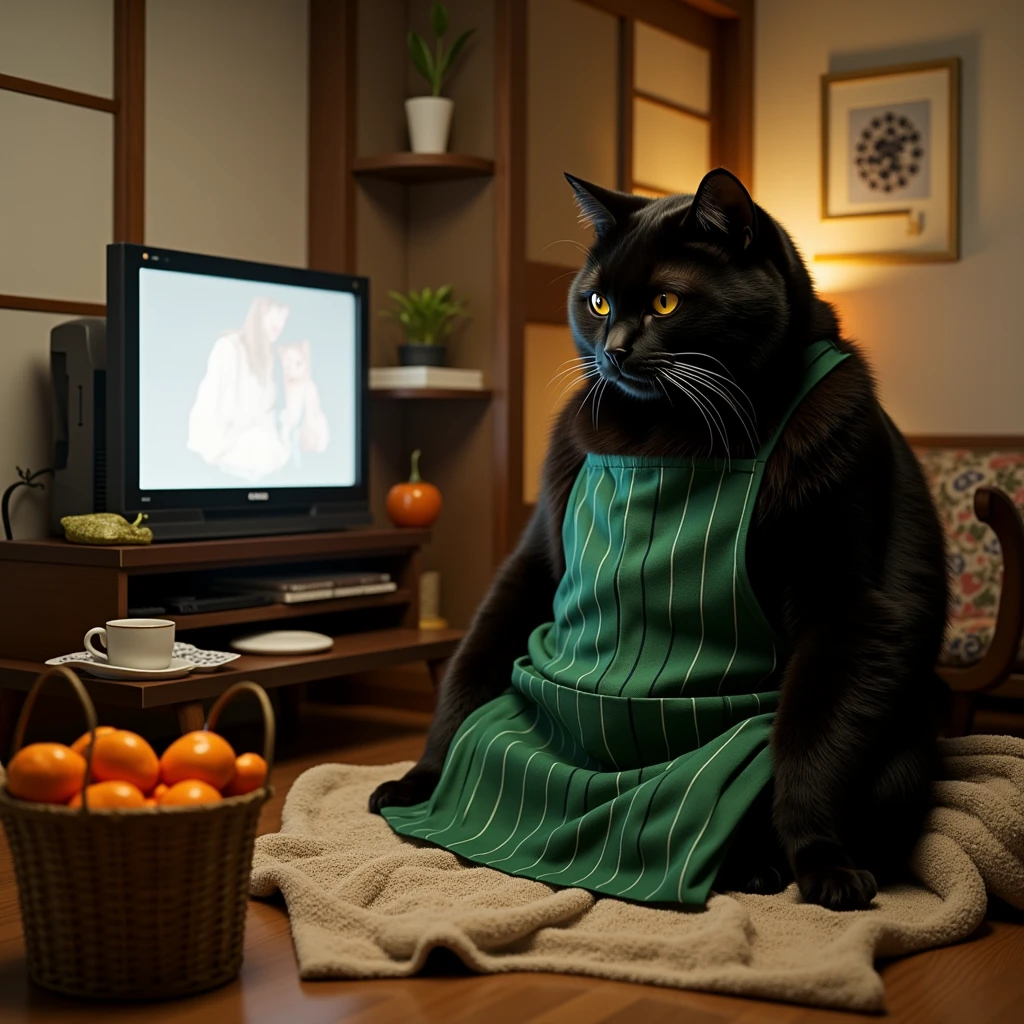 ultra-realistic, photorealistic, dramatic scene, shadow, global-illumination, the human-like giant black cat\(wearing a vertical striped green apron, sleepy, black cat, sitting on the floor at low table that covered by a heavy blanket, watching TV\), there is a low table covered with a heavy blanket on the large carpet in the stylish Japanese apartment room, a TV and shelf are in the room, stylish furnishings, mandarin oranges in the basket is on the low table, in winter, 