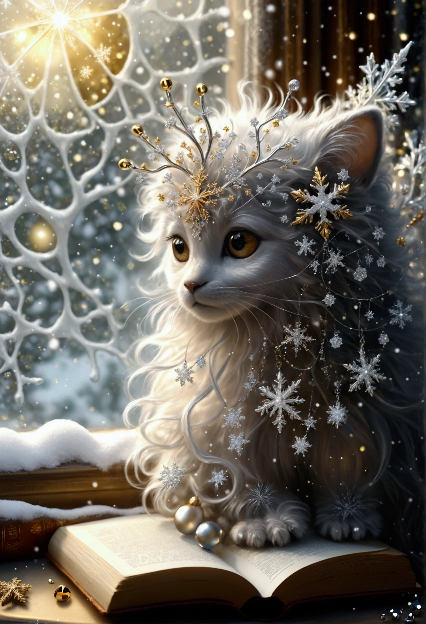 unusual,tender, cute,Fabulous, transparent,  a light airy soft creature with hair in the form of snowflakes and beads,  sits on the tip of a pencil on a table next to a book and a cup ,  sitting at the table a man looking out the window .  hyperdetail , glitter,  silver , gold,  snow , stars,яркий теплый свет ✨ рассеянные лучи света сквозь окно.
 photorealism , filigree, aesthetically pleasing,  realistic, atmospheric,  diamond dust ,  high resolution, highly detailed Fractal 