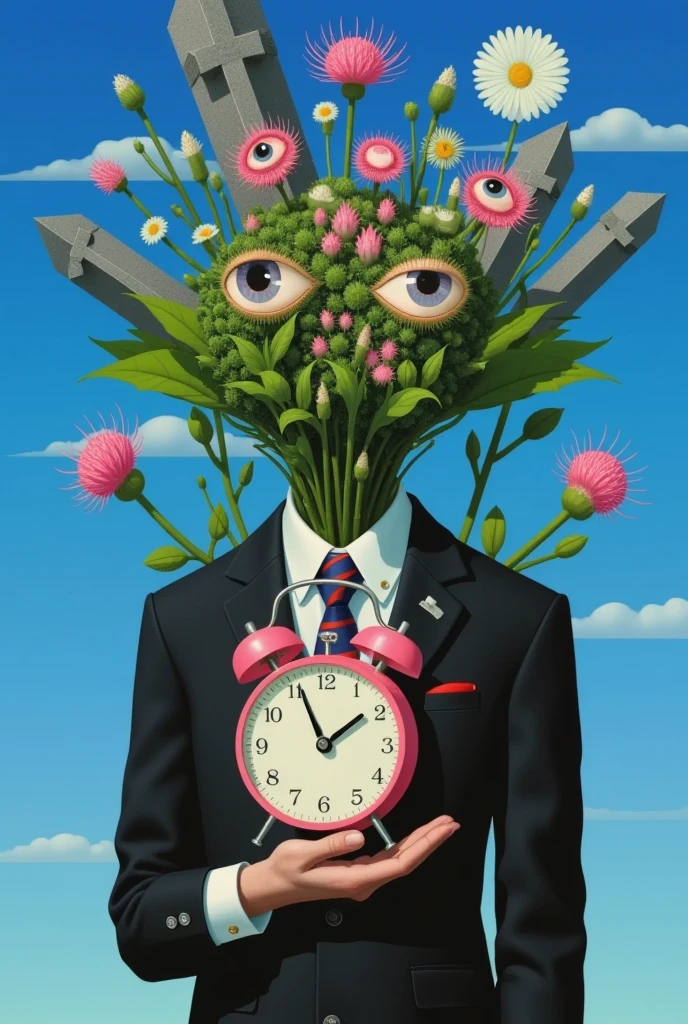 super absurd realist illustration： Blue Sky ，His head was decorated with crosses, tombstones, and lush plants，Strange plants have eyes 。(((Plants with eyes)))。Holding an alarm clock in his hand。 magical realism bizarre art, Doll Plant