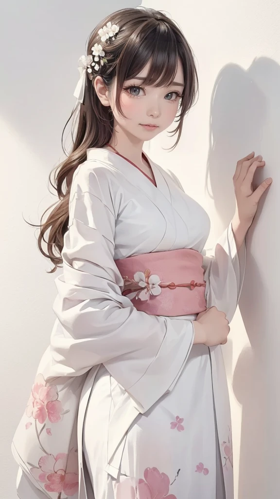 (((white backgrounid、a white world)))、8K、wall-paper、ultra-detailliert、Beautifully Aesthetic、​masterpiece、top-quality、One girl、Beautiful black hair、Longhaire、japanes、large pink、Red kimono、Japanese dress、ighly detailed、Dynamic angles、Cowboy Shots、The most beautiful forms、elegent、Vibrant colors、romantism、atmosphere、(((white backgrounid、Pure white background、Hinomaru)))