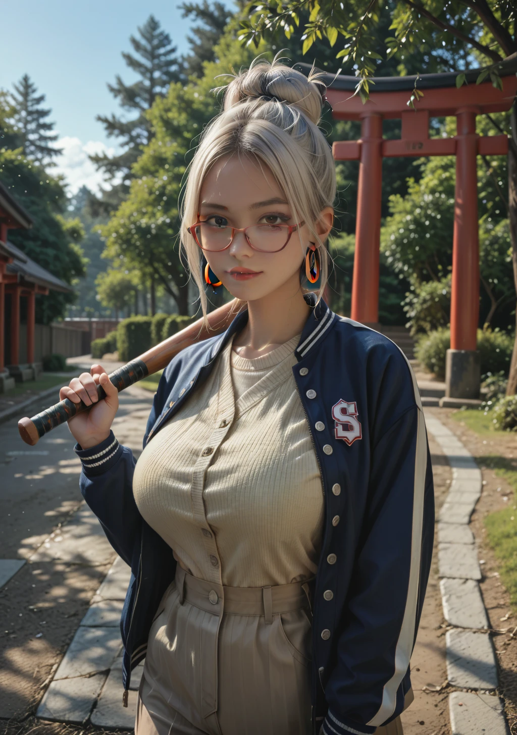 masterpiece, best quality, absurd, highres, cinematic light, 1 girl, Seiko_, white hair, long hair, red headband, big breasts, Red Glasses, hair bun, single hair bun, hoop earrings, jacket, letterman jacket, two-tone jacket, multicolored jacket, blue jacket, open jacket, yellow sweater, buttons, black cape, neckline , BREAKS soft light, baseball bat, over-the-shoulder gun, outdoors, blue sky, Torii, tree, standing, Looking at the viewer,