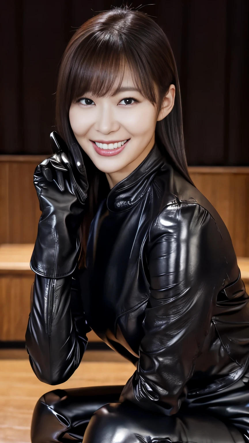 glossy black leather biker jacket, Black leather gloved fingertips on both hands,Wearing black leather gloves,Sitting in a black leather chair、 Japanese female new recruits (Black leather gloves cover both hands) (The angle is horizontal)、Black Leather Pants,Black Leather Black Leather Pants, black leather skinny pants 、very tight fit.   Black long leather boots on both feet、 dark hair ponytail that shines when wet((She wears black leather gloves on her hands))Full Body Photo, full body shot full body full body leather suit ,☺(Long boots plus leather pants boots in :1.4)、Full body shot from head to toe、very tight fit. If you turn in this direction。Wearing black leather gloves,Wearing black leather gloves,Wearing black leather gloves,Wearing black leather gloves,Wearing black leather gloves,Wearing black leather gloves,黒のレザーパンツが美しい😍黒のレザーパンツが美しい😍黒のレザーパンツが美しい,😍こちらを見ながら笑faceで微笑んでる,City lights、(Cyberpunk City Street:1.3))、 detailed lighting、

 best image quality 、 super high res、( realism:1.4)、Korean Beauty Star、The most beautiful KPOP stars、face、Horny Korean Makeup、A body that makes you want to touch it、Realistic leather texture、Costume made of smooth leather fabric、The drape of the curved parts of the leather fabric、The costume is very shiny、Quality of the costume、8K Photo Quality、(shy Smile:1.4)