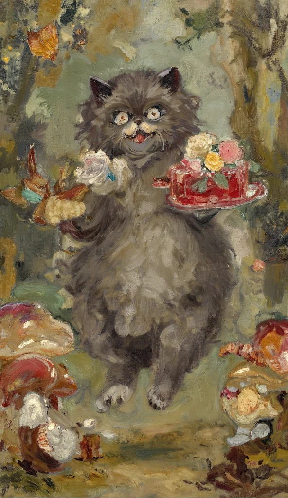 The picture is a whimsical scene of a gray messy-haired cat with a mischievous smile. holding a red transparent cake decorated with pastel roses   jumping happily Surrounded by mushrooms and butterflies All with a backdrop of trees and a magician's hat. by Sir John Tenniel, reddit contest winner, furry art, jumping towards viewer