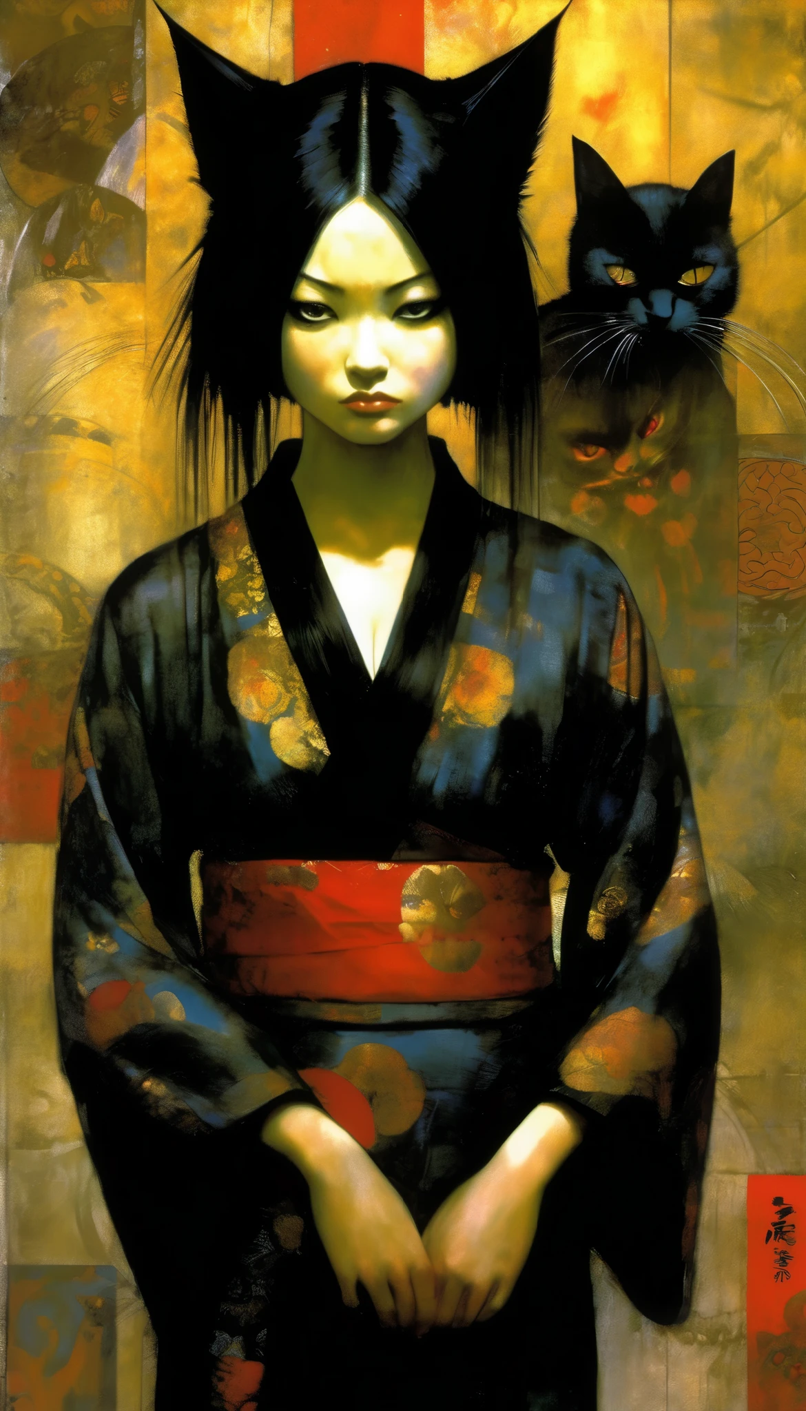 Alone, 1 girl, Wearing a glamorous kimono 、 with arms folded in front of the body、((She puffed up her cheeks and is angry)), I have a black cat next to me 、masterpiece, high res, top quality , Works inspired by Dave McKean , Further information, Oil