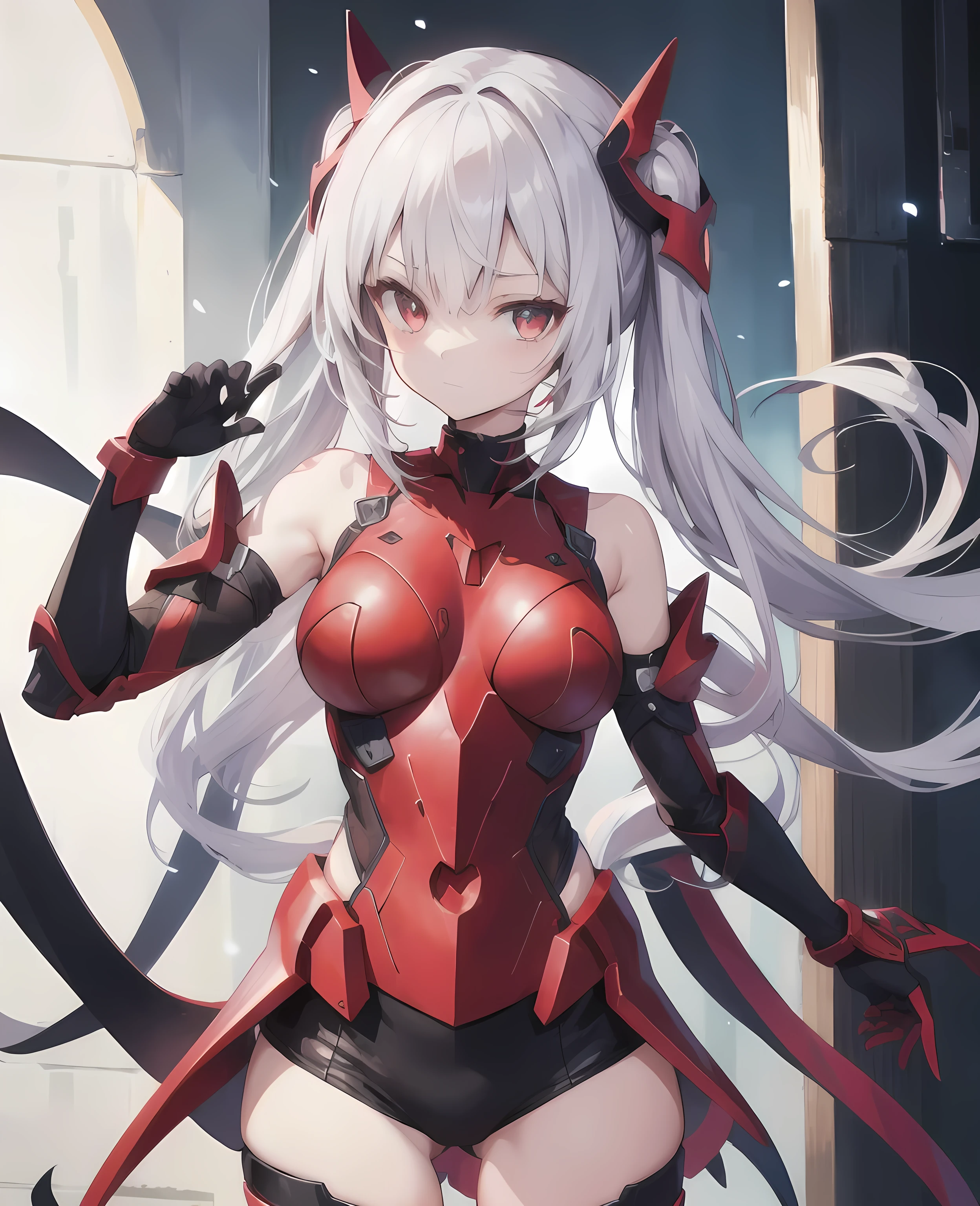 Silver long hair、Red eyes、woman、美しいwoman、Large Breasts、White Machine Skin、The whole body of the machine、Mechanical joint、The machine's body is entirely red and white.、sword、A revealing red and white Chinese dress、A Chinese dress that shows off her cleavage、chinese style background、indoor、Masturbation、On the bed、orgasm、Ahegao