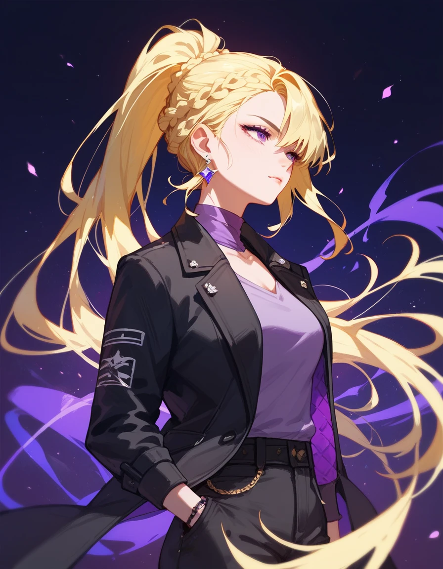 girl,Yellow hair, in purple eyes,Krian hair ,Long ponytail braid, medium face,Charming,Thin,Punk Hair ,Black suit, Trousers,Long purple fabric earrings,