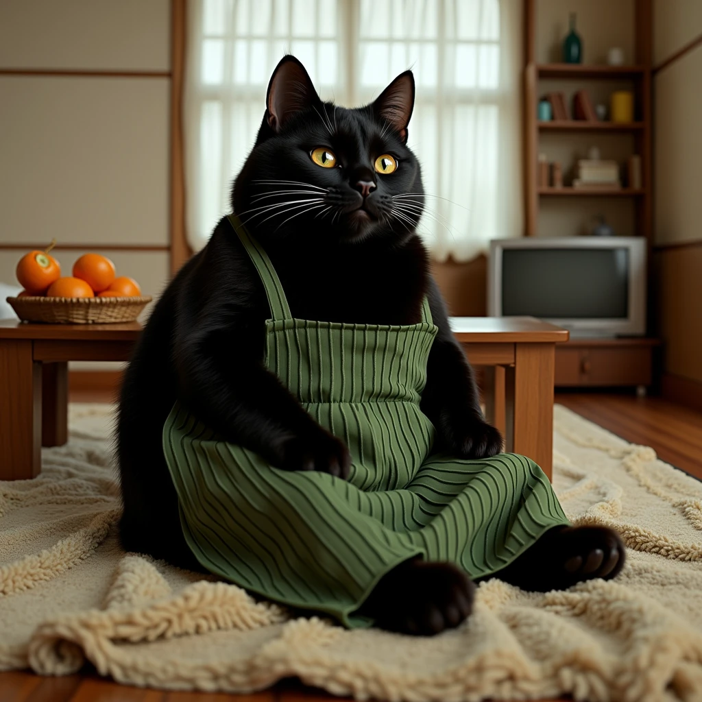 ultra-realistic, photorealistic, dramatic scene, shadow, global-illumination, the human-like giant black cat\(wearing a vertical striped green apron, sleepy, black cat, sitting on the floor at low table that covered by a heavy blanket, watching TV\), there is a low table fully covered with a light colored checked thick blanket on the large carpet in the stylish Japanese apartment room, a TV and shelf are in the room, stylish furnishings, mandarin oranges in the basket is on the low table, in winter, 