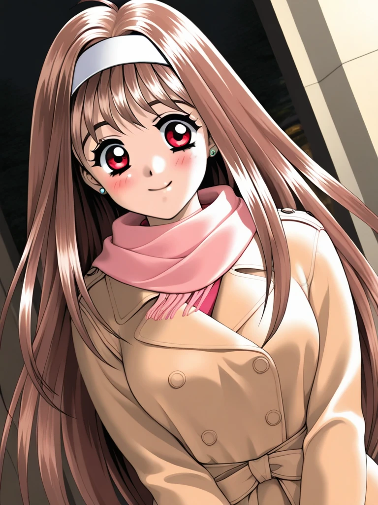 masterpiece,best quality,very aesthetic,highres, YuukiMizuho, 1girl, solo, long hair, brown hair, red eyes, medium breasts, hairband, earrings, smile, happy, blush, Trench Coat and Scarf, Cute and warm clothes, cold winter night, cinematic angle,