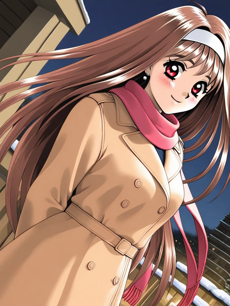 masterpiece,best quality,very aesthetic,highres, YuukiMizuho, 1girl, solo, long hair, brown hair, red eyes, medium breasts, hairband, earrings, smile, happy, blush, Trench Coat and Scarf, Cute and warm clothes, cold winter night, cinematic angle,