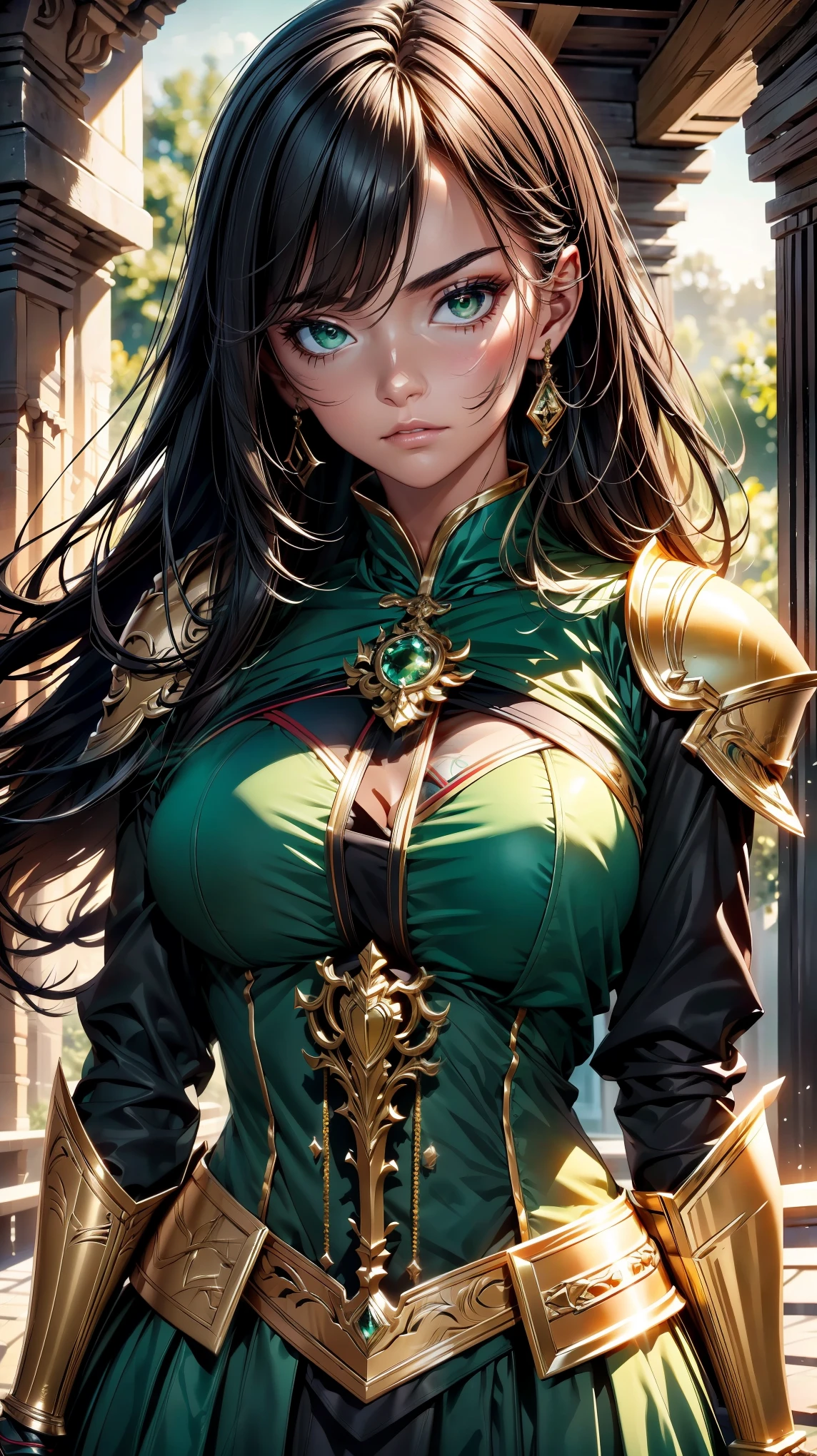 （best qualityer，8K，32k，Masterpiece artwork，hiper HD：1.3），hair green，1 piece of giant，perfect bodies，super detailed face，bust photo，very tiny breasts，Bblack hair，green clothing，close-up of the upper body，Ombro to ombro suit