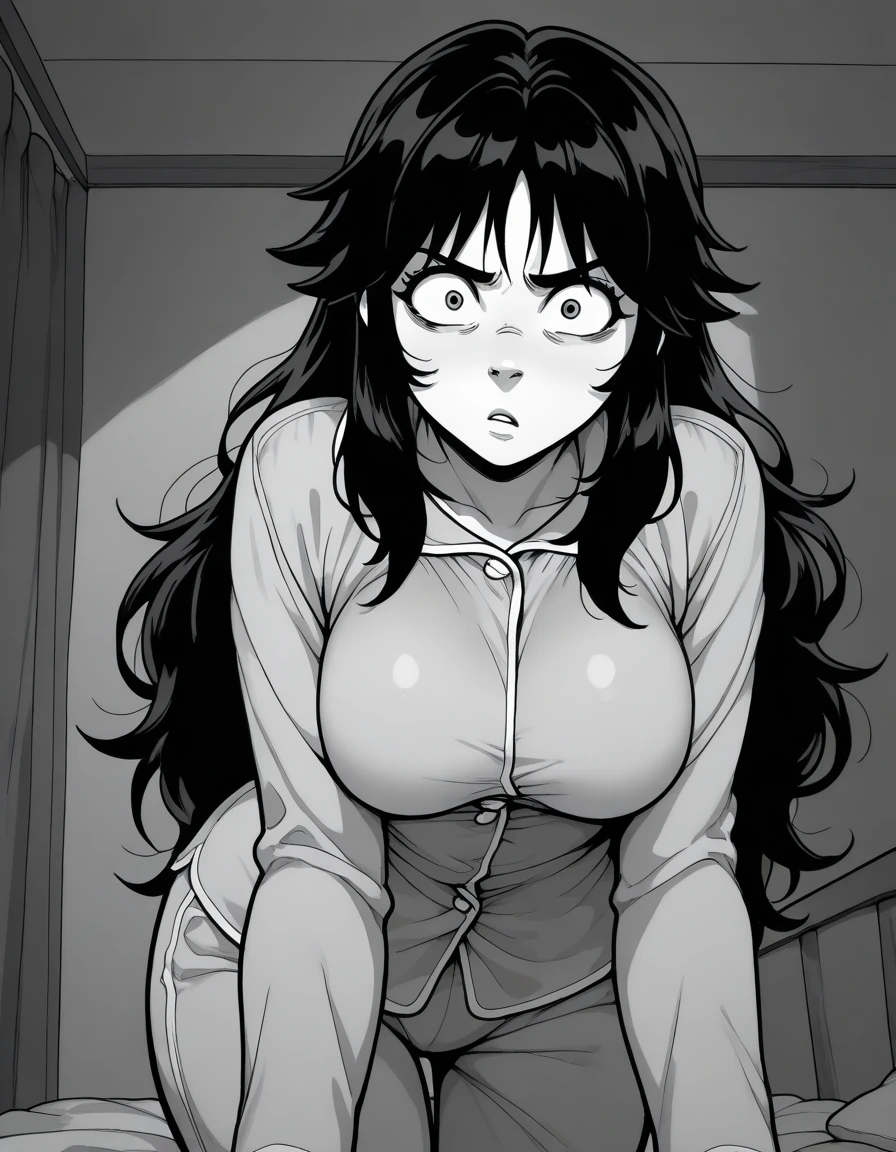    monochrome,  estilo manga,manga,  , resources ,   best quality swimsuit  ,( short and sexy sleeping pajamas  ,,    messy and long dark hair  ) ,surprised look , Clean face, sintonia arched eyebrows .   upturned nose, beautiful,   leaning forward , medium boobs, scared, dynamic pose style , is being filmed ,Livestream,  ,   monochrome, light and shadow,  front view , contrast