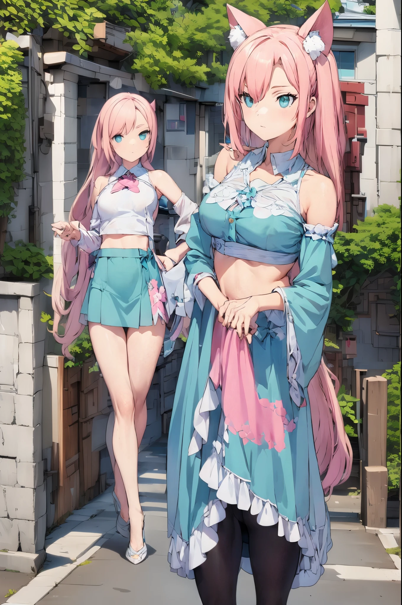 intricate details, 1girl, dionadef, aged up, absurdly long pink hair, calico cat ears, detailed teal green eyes, detailed crop top, detached sleeves, midriff, detailed skirt, detailed stockings, outside, nature, detailed background, cowboy shot