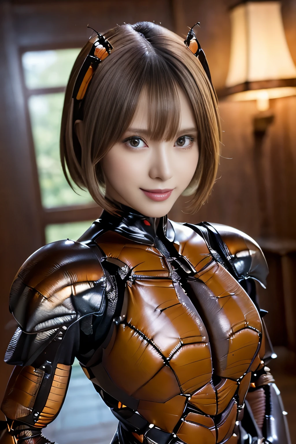 (high resolution,masterpiece,best quality,extremely detailed CG, anime, official art:1.4), realistic, photo, amazing fine details, all intricate, gloss and shiny,awesome many layers, 8k wall paper, 3d, sketch, kawaii, illustration,( solo:1.4), perfect female proportion,villainess, (fusion of dark brown cockroach and lady:1.4), (brown cockroach form lady:1.2), (brown cockroach lady:1.2), (fusion:1.2), (solo:1.4), (evil smile:1.2), muscular, abs, (cockroach brown exoskeleton bio insect suit:1.4), (cockroach brown exoskeleton bio insect armor:1.2), (brown transparency cockroach wing:1.4), (brown cockroach antennae:1.3),