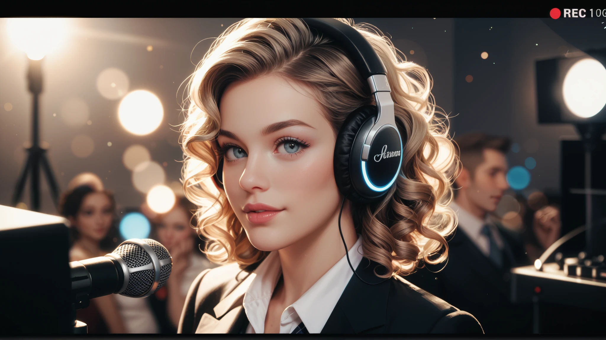 "Elegant close-up of a young woman with curly hair wearing studio headphones, her delicate features illuminated by soft natural light, positioned in front of a professional microphone with a pop filter, monochromatic aesthetic, smooth bokeh background hinting at a recording studio, focus on intricate hair textures and serene expression, cinematic black-and-white portrait, intimate and artistic mood