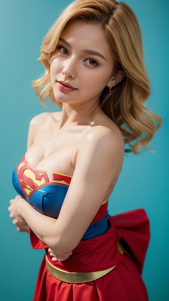  milf,big round ,curvy hourglass body,blonde curly wavy hair,((Wearing strapless super detailed supergirl blue and red comic cosplay dress exposing cleavage)),((in a simple colour background photoshoot)),highly ultra realistic photo 