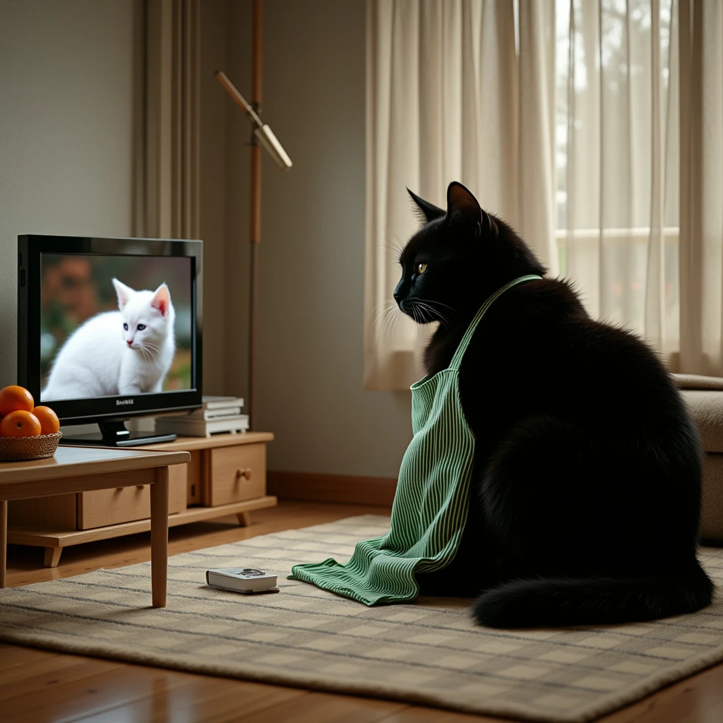 ultra-realistic, photorealistic, dramatic scene, shadow, global-illumination, the human-like giant black cat\(wearing a vertical striped green apron, sleepy, black cat, sitting on the floor at low table that covered by a heavy blanket, watching TV\), there is a low table fully covered with a light colored checked thick blanket on the large carpet in the stylish Japanese apartment room, a TV and shelf are in the room, the white kitten is displayed on the tv, stylish furnishings, mandarin oranges in the basket is on the low table, in winter, 