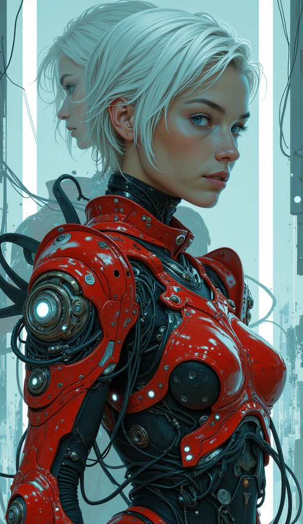 masterpiece, high-quality, A cybernetic woman in sleek red and black armor, her short white hair contrasting sharply with her intense gaze, Her armor is streamlined with metallic accents and a translucent larger image of herself looms behind as if showing her inner power, neon reflections, minimalistic composition, (elaborate fine details:1.1), (hyperdetailed:1.1), (intricate details:1.0), (Refined details:1.1), (best quality:1.1), (high resolution:1.2),
