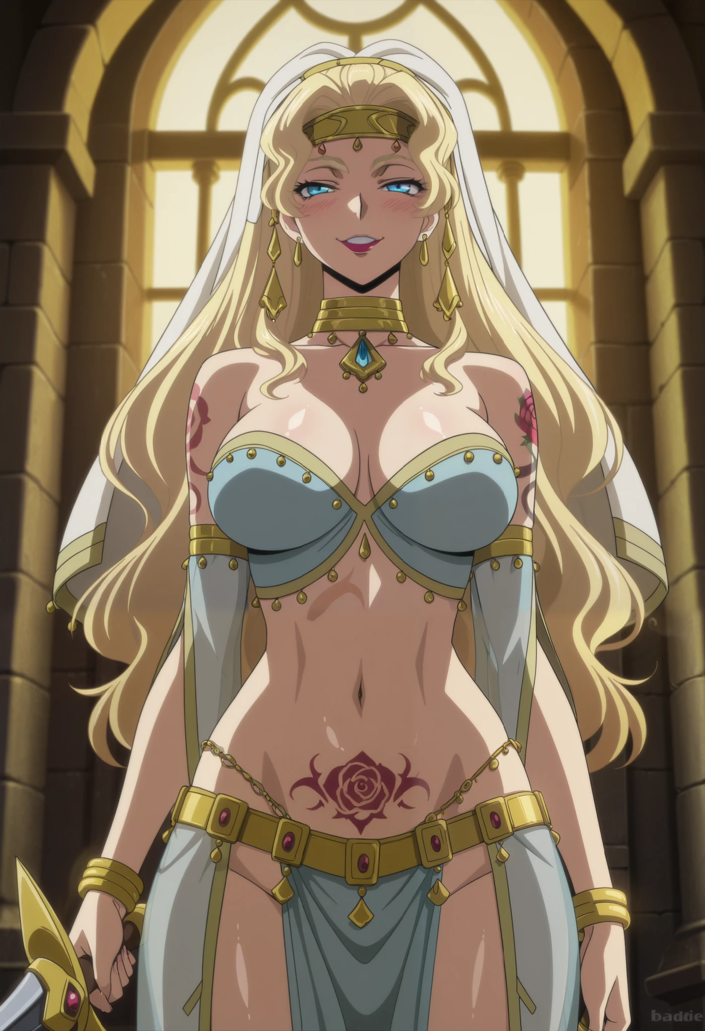 (1girl, Glory_DG), (extremely detailed CG unit 8k wallpaper),(master part), (best quality), (ultra detail), (best illustration),(ghibli style), cowboy shot, (Sharp eyeliner, ombre, detailed eyes:1), midnight, dark ancient ruins indoors background, ,break , (GHIBLI_Background), armlet, leotard, bikini armor, white hair, bracer,dark-skinned female, circlet,makeup,very long hair