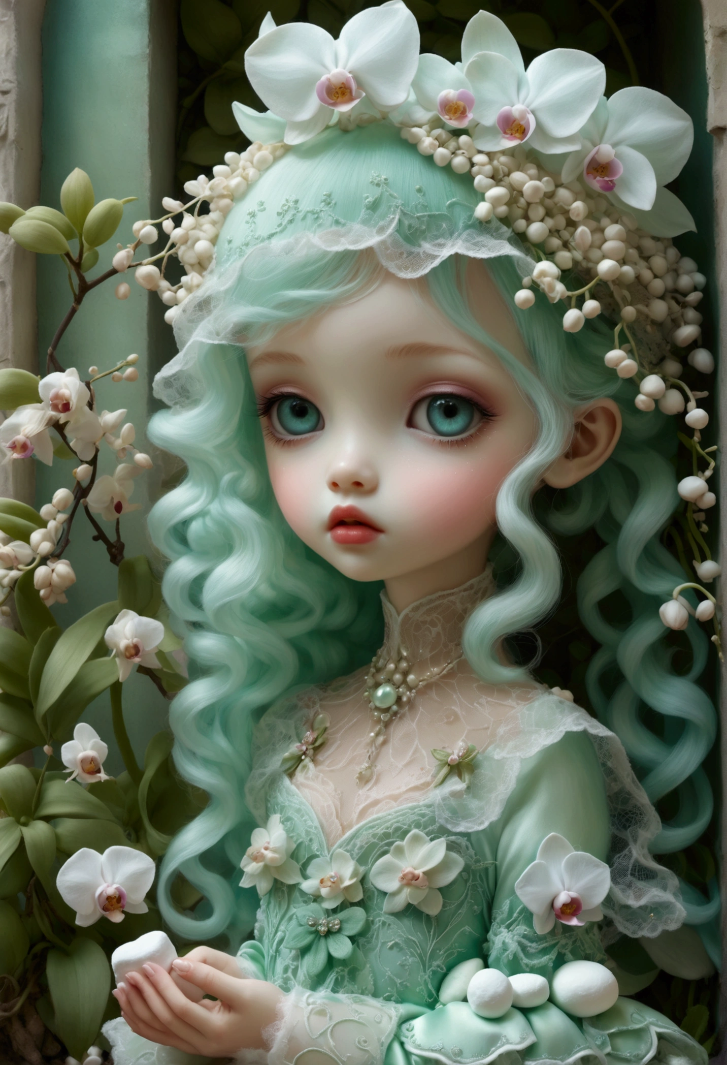 Darling,Soft,tender, tiny , marshmallow , veil , lace baby chibi cartoon pearlescent radiant skin,лимонные волосы из бисера glow и пушинок снежинок, nail, big unusual eyes , unusual lips ,  unusual clothes,  shoe , walks in the city of cute fantastic creatures ,sfumato, Elina Ellis style + Nicoletta Ceccoli , mint leaves , orchids,nail, softness,fluffy, doll in hand , background,  stardust ,glow.Art Nouveau,   mythical surrealism , fabulous minimalism ,