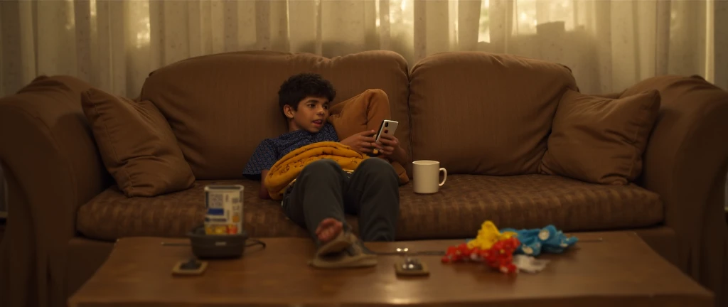 A 13 year old boy named Stefcho staying at home on the couch with short hair,
,he's wearing Adidas and talking on the phone