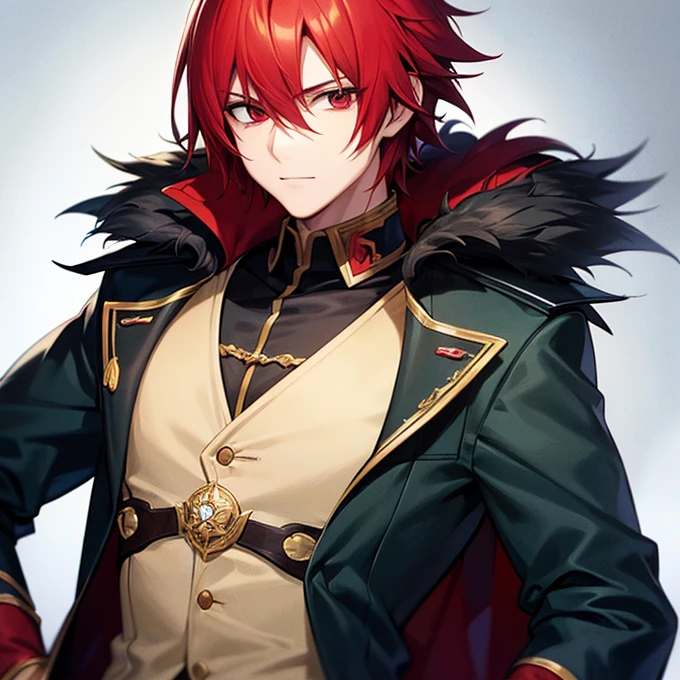 young man with sharp face, red hair,Red-eyed ,Fair skin, hair bundled into one at the back,uniform, anime style