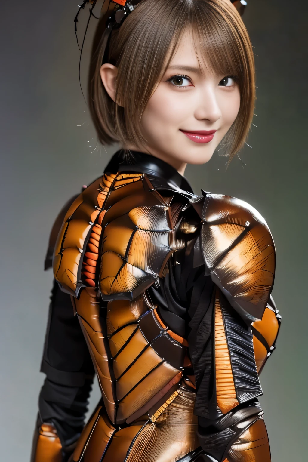 (high resolution,masterpiece,best quality,extremely detailed CG, anime, official art:1.4), realistic, photo, amazing fine details, all intricate, gloss and shiny,awesome many layers, 8k wall paper, 3d, sketch, kawaii, illustration,( solo:1.4), perfect female proportion,villainess, (fusion of dark brown cockroach and lady:1.4), (brown cockroach form lady:1.2), (brown cockroach lady:1.2), (fusion:1.2), (solo:1.4), (evil smile:1.2), muscular, abs, (cockroach brown exoskeleton bio insect suit:1.4), (cockroach brown exoskeleton bio insect armor:1.2), (brown transparency cockroach wing:1.4), (brown cockroach antennae:1.3),