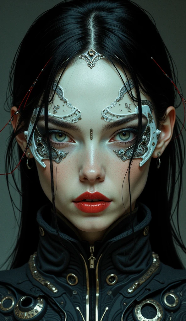 closeup portrait a ceramic oriental cyberpunk cyborg girl, black hair with red streak, dark eyeshadow, red lips, direct gaze, dark cyberpunk background