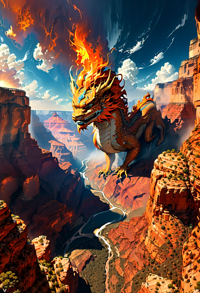 (The main subject: wide wide shot), The flame  orange, [Multicolored,(Chinese dragon anthropomorphism)], safe,dramatic clouds,(Go deep into the grand canyon), Rich details​, (Wide sky), (sense of vastness),Energy and vitality, Complicated details.(Best quality, A high resolution, tmasterpiece:1.2), (actual:1.37), HighDynamicRange。