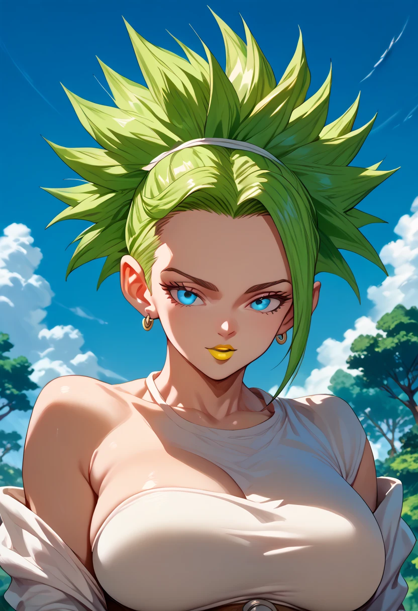 woman, green hair, big breasts, white skin, yellow lipstick, looking at viewer, blue sky, Kale, anime style, ssj, blue eyes