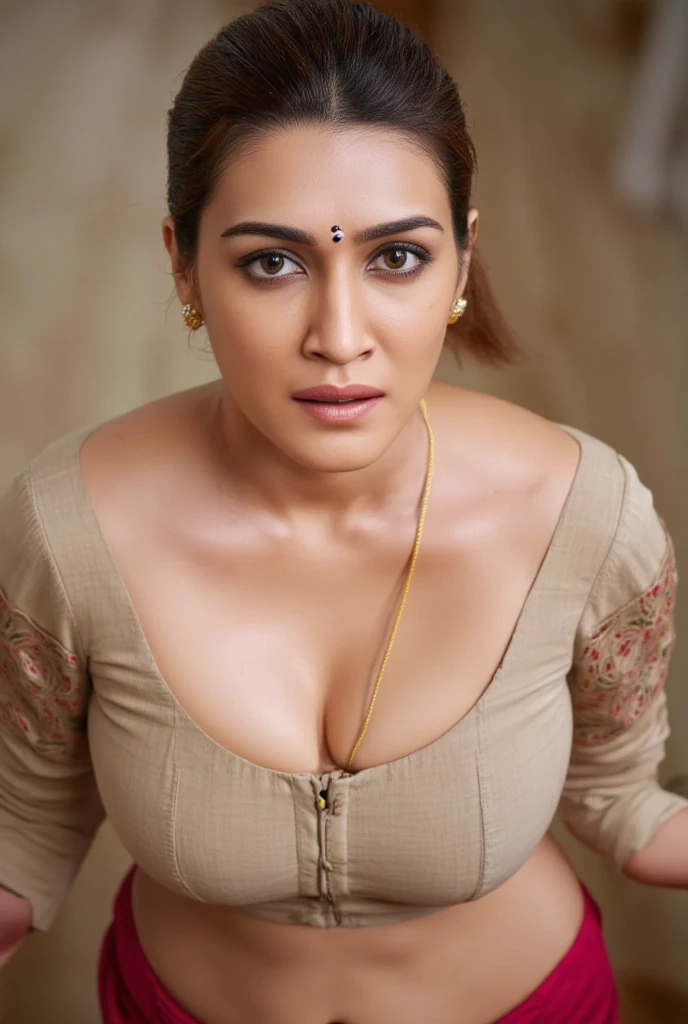 A woman kneeling gracefully, wearing a traditional Indian blouse which is unbuttoned . The blouse has delicate embroidery, enhancing the elegance of her attire. The image is captured from a top-down angle, with the woman looking up at the viewer, her eyes expressive and engaging. Her hair is styled beautifully, and she wears subtle jewelry that complements her traditional look. Soft lighting highlights her facial features and the details of her blouse, creating an intimate, captivating atmosphere that draws the viewer into her gaze." Full body view. Nipples popping out of blouse.