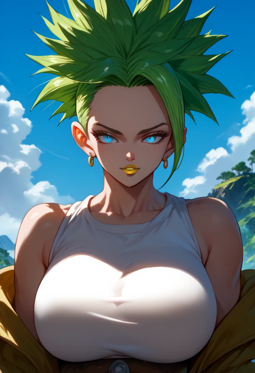 woman, green hair, big breasts, white skin, yellow lipstick, looking at viewer, blue sky, Kale, anime style, ssj, blue eyes, strong