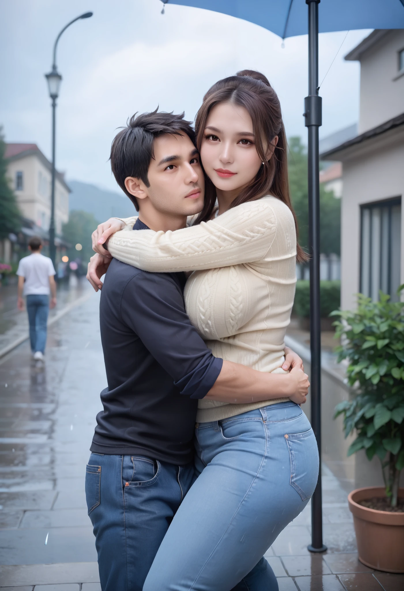 source realistic, Detailed, ((young boy, hug from behind,under the rain)), Busty woman, sweater, jeans,embrassed, big butt, plump,huge breast, masterpiece, anatomically correct, super detail, high details, high quality, best quality, highres, 8k