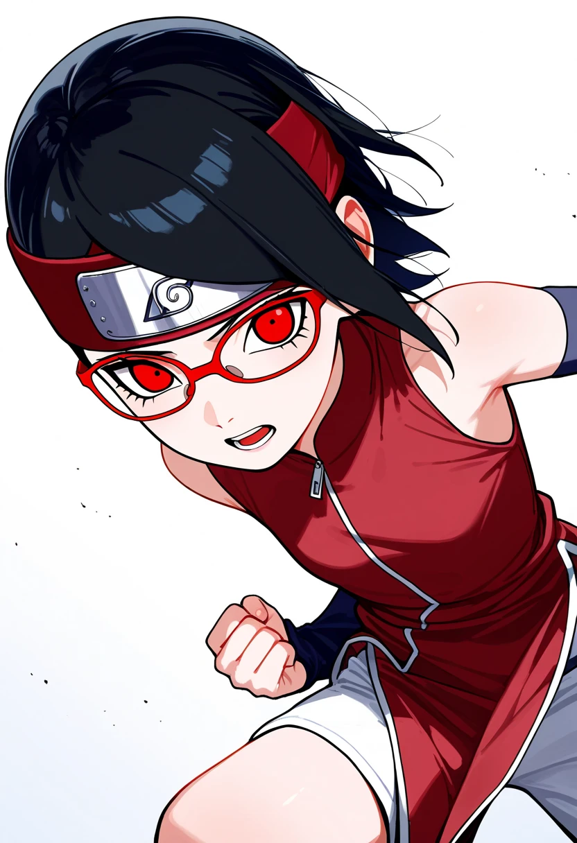 uchiha sarada \(boruto: naruto next generations\), 1girl, arm_warmers, bare_shoulders, black_hair, clenched_hand, dress, fighting_stance, forehead_protector, foreshortening, glasses, headband, konohagakure_symbol, long_bangs, looking_at_viewer, open_mouth, pelvic_curtain, red-framed_eyewear, red_dress, red_eyes, red_headband, serious, sharingan, shorts, sleeveless, sleeveless_dress, solo, swept_bangs, teeth, white_background, white_shorts, zipper_pull_tab, actin, Action poses, dynamic angles, movement,