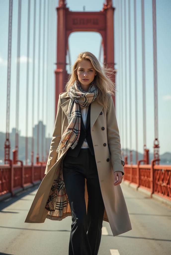 Create a hyper-realistic, high-definition photograph of a fashion model walking alone on a runway positioned dramatically across the Golden Gate Bridge. Every detail should be exquisitely rendered, from the fine texture of the model's classic trench coat to the intricate Burberry pattern on her flowing scarf. Her business suit should be impeccably tailored, epitomizing professional elegance. The wide-angle view captures the immensity of the bridge, with its vivid International Orange hue set against a crystal-clear sky. The rivets on the towering suspension cables should be discernible, emphasizing the engineering marvel of the bridge. The waters of the San Francisco Bay glisten realistically in the sunlight, hinting at the bustling cityscape beyond. The overall composition should suggest a seamless blend of fashion and architecture, captured in a moment of serene and striking precision