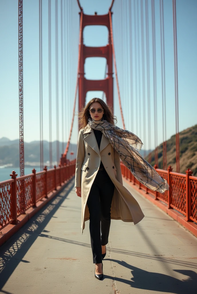 Create a hyper-realistic, high-definition photograph of a fashion model walking alone on a runway positioned dramatically across the Golden Gate Bridge. Every detail should be exquisitely rendered, from the fine texture of the model's classic trench coat to the intricate Burberry pattern on her flowing scarf. Her business suit should be impeccably tailored, epitomizing professional elegance. The wide-angle view captures the immensity of the bridge, with its vivid International Orange hue set against a crystal-clear sky. The rivets on the towering suspension cables should be discernible, emphasizing the engineering marvel of the bridge. The waters of the San Francisco Bay glisten realistically in the sunlight, hinting at the bustling cityscape beyond. The overall composition should suggest a seamless blend of fashion and architecture, captured in a moment of serene and striking precision