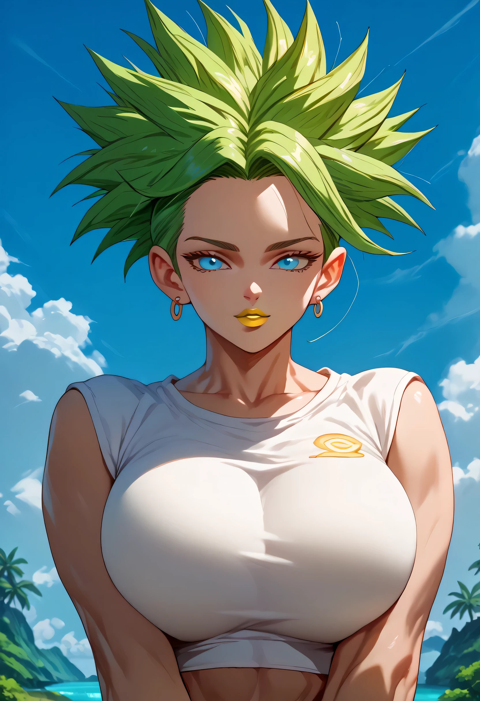 woman, green hair, big breasts, white skin, yellow lipstick, looking at viewer, blue sky, Kale, anime style, ssj, blue eyes, strong