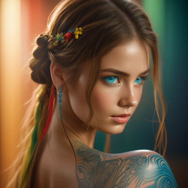 "A hyper-realistic digital portrait of a young woman with colorful, detailed fractal shapes painted or tattooed on her body. Her serene expression emphasizes her vivid, naturally blue eyes, and her bright, full, red lips. She has long blonde hair tied up in a bun, her hair down with loose curls framing her face naturally. The glossy porcelain material fractal shapes are highly detailed and vibrant, with bright red, blue, yellow, and green hues, carefully arranged like an organic piece of art. The soft, white background complements the colorful fractal shapes and her natural beauty. The lighting is soft and diffused, highlighting the realistic texture of her skin and adding depth. The overall style blends photorealism and fantasy, with an artistic, dreamlike quality. High definition, ultra-detailed and smooth lines, perfect skin texture, award-winning art, fantasy realism style."