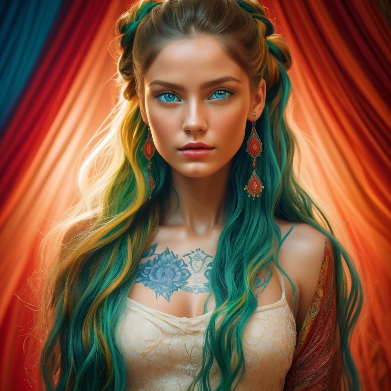 "A hyper-realistic digital portrait of a young woman with colorful, detailed fractal shapes painted or tattooed on her body. Her serene expression emphasizes her vivid, naturally blue eyes, and her bright, full, red lips. She has long blonde hair tied up in a bun, her hair down with loose curls framing her face naturally. The glossy porcelain material fractal shapes are highly detailed and vibrant, with bright red, blue, yellow, and green hues, carefully arranged like an organic piece of art. The soft, white background complements the colorful fractal shapes and her natural beauty. The lighting is soft and diffused, highlighting the realistic texture of her skin and adding depth. The overall style blends photorealism and fantasy, with an artistic, dreamlike quality. High definition, ultra-detailed and smooth lines, perfect skin texture, award-winning art, fantasy realism style."