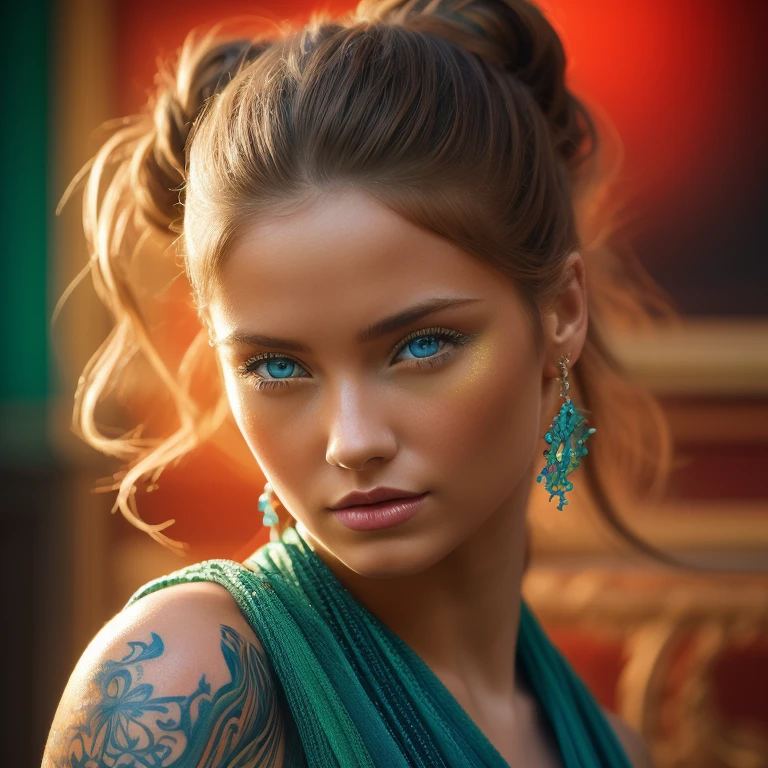 "A hyper-realistic digital portrait of a young woman with colorful, detailed fractal shapes painted or tattooed on her body. Her serene expression emphasizes her vivid, naturally blue eyes, and her bright, full, red lips. She has long blonde hair tied up in a bun, her hair down with loose curls framing her face naturally. The glossy porcelain material fractal shapes are highly detailed and vibrant, with bright red, blue, yellow, and green hues, carefully arranged like an organic piece of art. The soft, white background complements the colorful fractal shapes and her natural beauty. The lighting is soft and diffused, highlighting the realistic texture of her skin and adding depth. The overall style blends photorealism and fantasy, with an artistic, dreamlike quality. High definition, ultra-detailed and smooth lines, perfect skin texture, award-winning art, fantasy realism style."