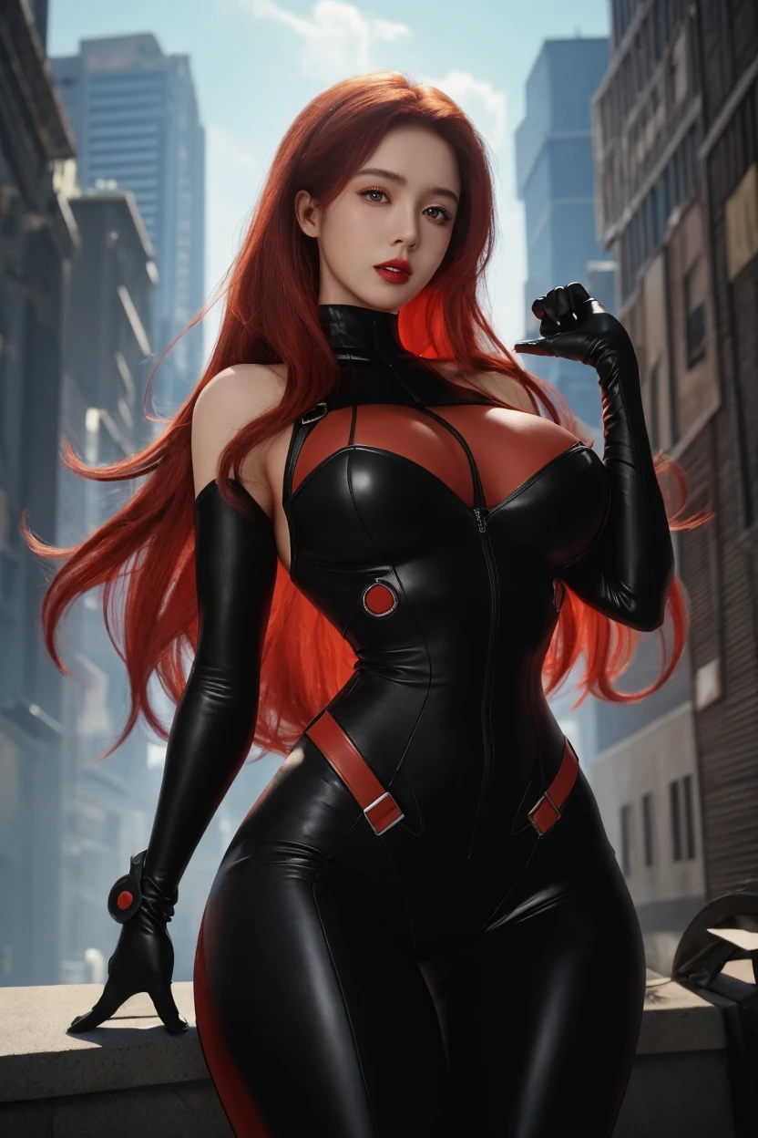 high detail, wearing (tight shirt:1.2), beautiful detailed face, red hair, hazel eyes, (attractive fitness woman:1.3), (seductive:1.1), (blushing:1.1), hourglass body shape, complete shiny aerobic black and red latex bodysuit, big round breasts