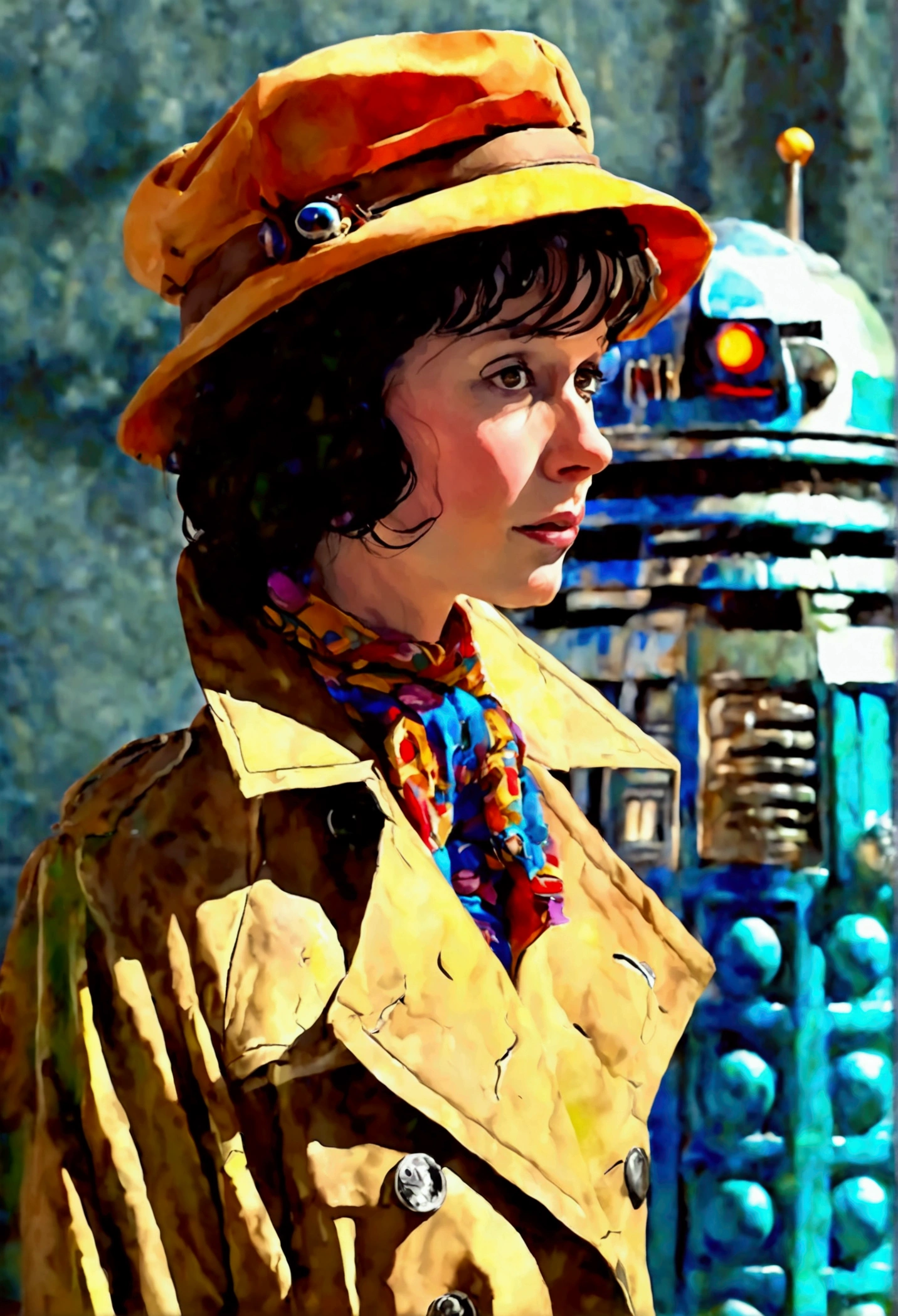 A cute woman in a plain brown trench coat and a colorful scarf (she is in the role of the fourth doctor Who), she is arrogantly speaking to a Dalek, 1970s sci fi alien world set,blue Tardis in corner
