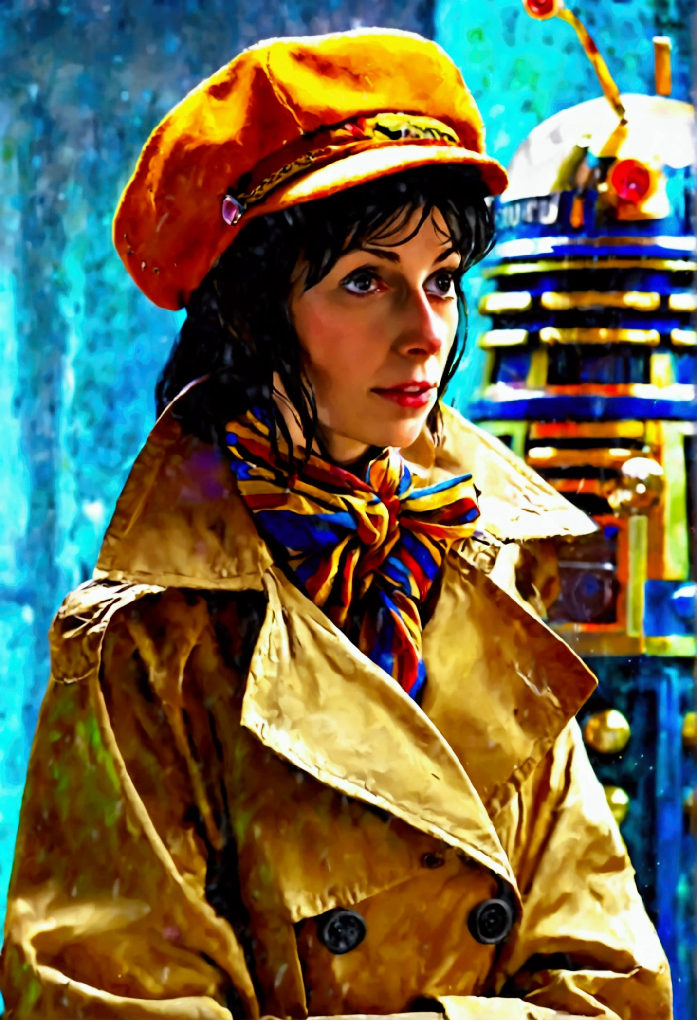 A cute woman in a plain brown trench coat and a colorful scarf (she is in the role of the fourth doctor Who), she is arrogantly speaking to a Dalek, 1970s sci fi alien world set,blue Tardis in corner
