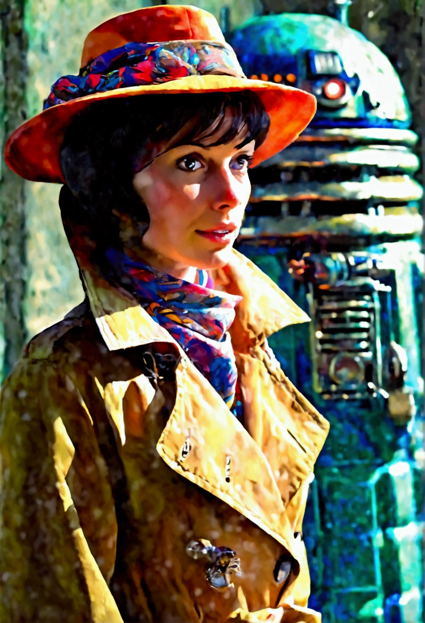 A cute woman in a plain brown trench coat and a colorful scarf (she is in the role of the fourth doctor Who), she is arrogantly speaking to a Dalek, 1970s sci fi alien world set,blue Tardis in corner
