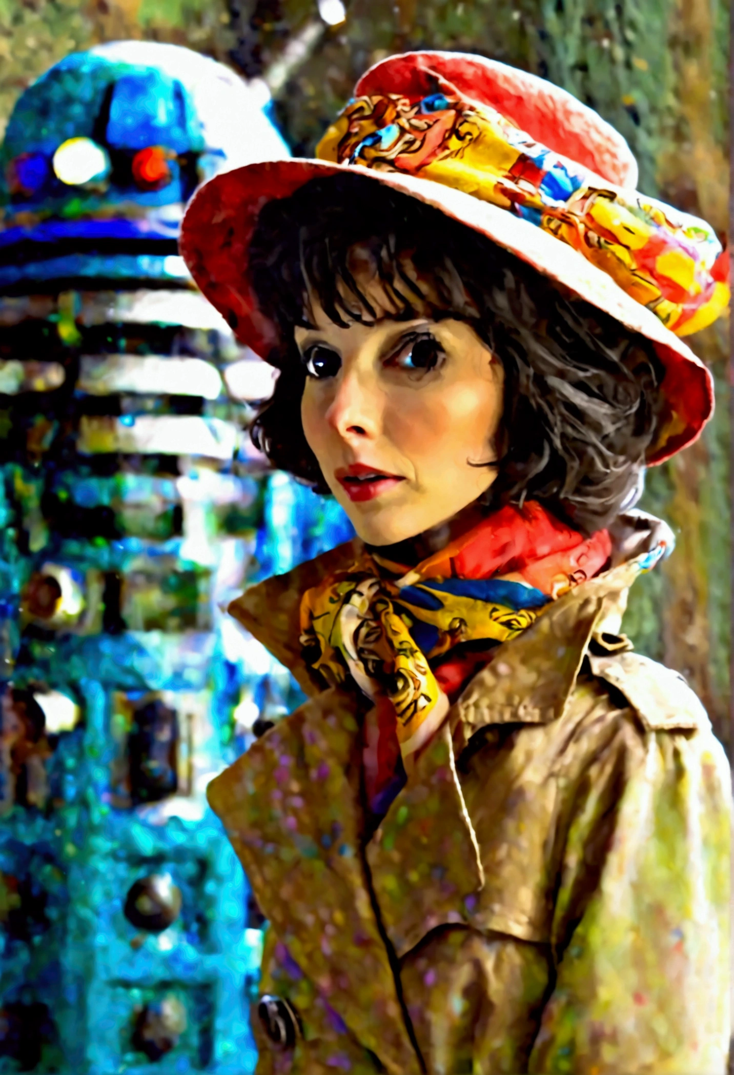 A cute woman in a plain brown trench coat and a colorful scarf (she is in the role of the fourth doctor Who), she is arrogantly speaking to a Dalek, 1970s sci fi alien world set,blue Tardis in corner
