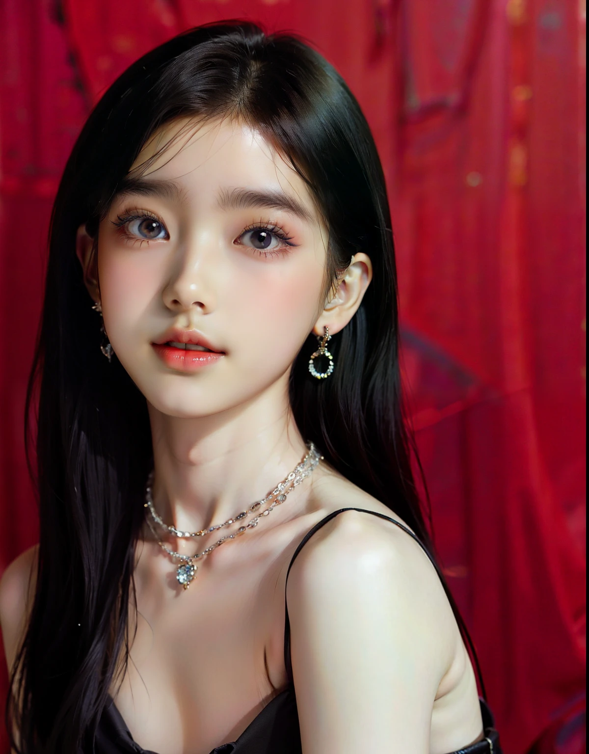 Araffe Asian woman with long black hair wearing a necklace and earrings, Ulzzang, maquiagem sul-coreana popular, pale porcelain white skin, Kim Doyoung, cruel korean goth girl, maquiagem coreana popular, Jinyoung Shin, Retrato de Jossi do Blackpink, jaeyeon nam, retrato de jisoo blackpink, young lovely korean face, linda jovem coreana, linda mulher sul-coreana