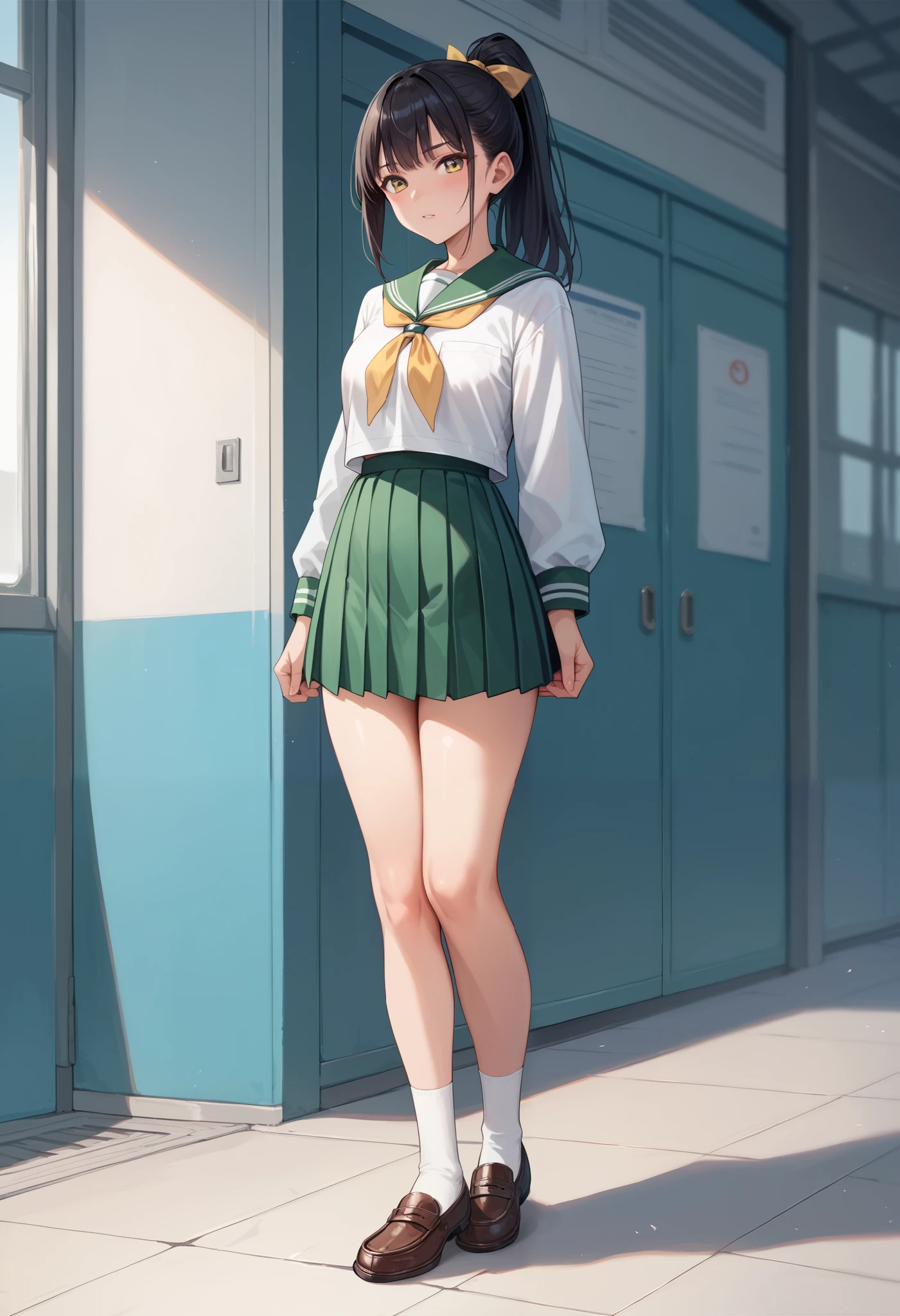 masterpiece, of the highest quality,
(1girl),
black hair, high school girl, Green Sailor Suit, green pleated skirt, yellow ribbon, white high socks , loafers without pants, high ponytail, Tight Hair ,
break (((full body))), standing,