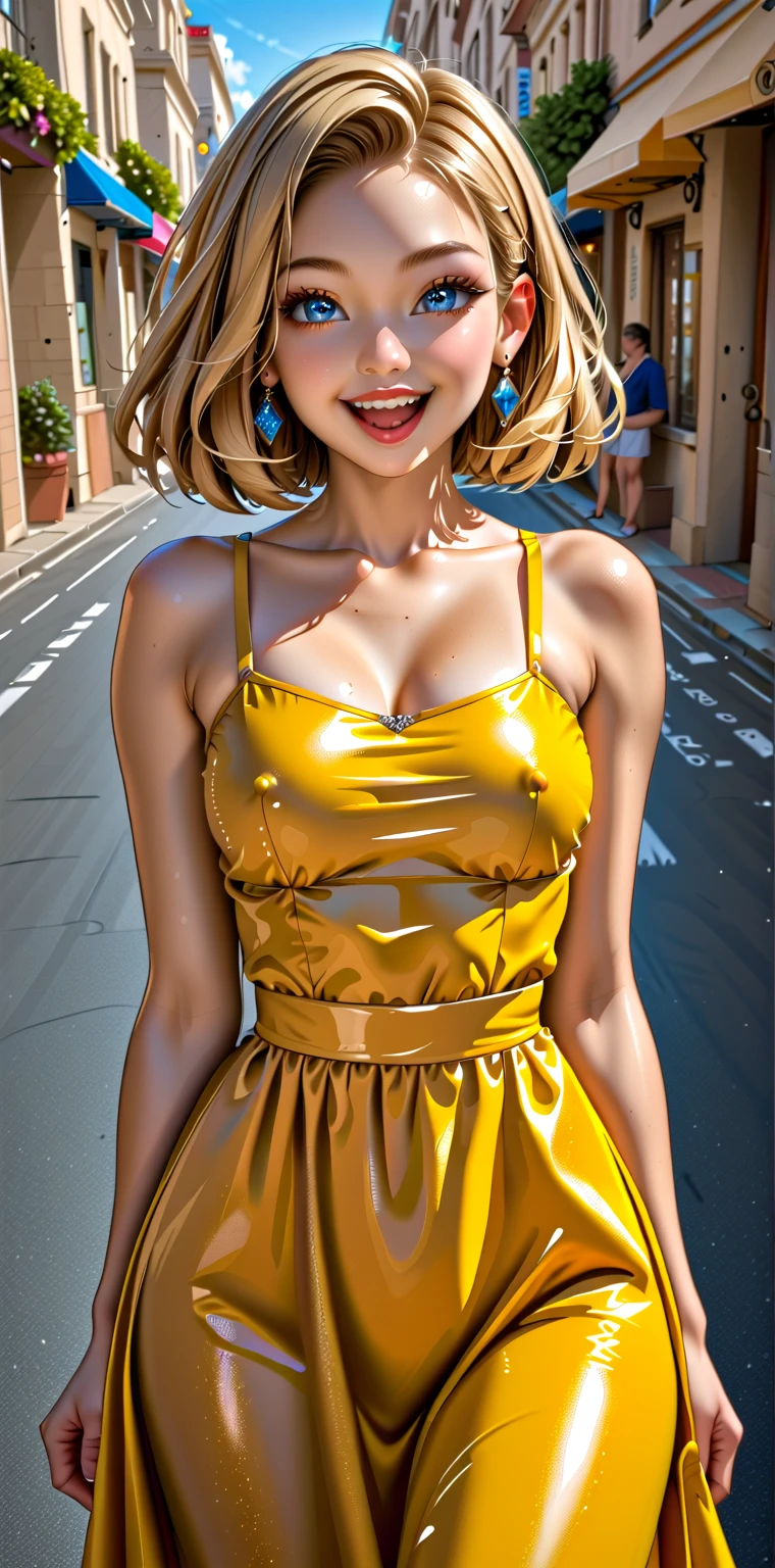 masterpiece, best quality, (1 girl), solo, beautiful hips, medium tits, slutty smile, young girl, wide hips, street, detailed eyes, stylish girl, blonde, stylish hair, open mouth, ((( dressed in a slutty dress)))