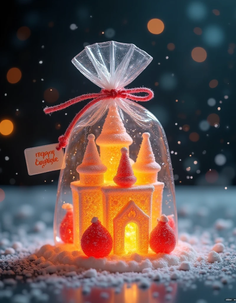 Transparent fudge style,sugar powder,
A transparent airtight bag contains a castle made of fudge and some decorative candy. The bag is hung with a tag that says "candy",
bright and full colors,fudge craft,the whole picture adopts transparent fudge texture,sugar powder sprinkled on it,hazy candy background,exquisite 24K ultra-clear,transparent fudge,color candy,minimalist,masterpiece,soft focus,panorama,HDR,mid-scene composition,standard focal length shooting,