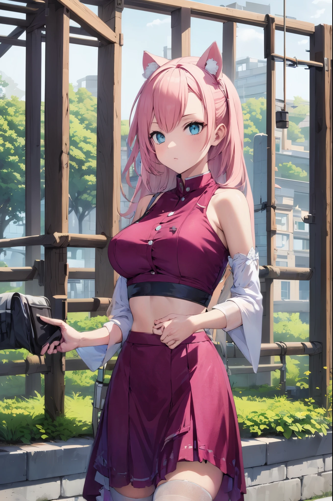 intricate details, 1girl, dionadef, aged up, absurdly long pink hair, calico cat ears, detailed teal green eyes, detailed crop top, detached sleeves, midriff, detailed skirt, detailed stockings, outside, nature, detailed background, cowboy shot