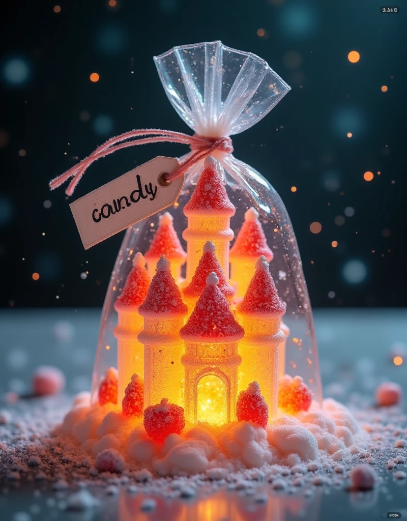 Transparent fudge style,sugar powder,
A transparent airtight bag contains a castle made of fudge and some decorative candy. The bag is hung with a tag that says "candy",
bright and full colors,fudge craft,the whole picture adopts transparent fudge texture,sugar powder sprinkled on it,hazy candy background,exquisite 24K ultra-clear,transparent fudge,color candy,minimalist,masterpiece,soft focus,panorama,HDR,mid-scene composition,standard focal length shooting,